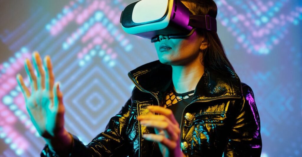 AI Gadgets That Will Change Your Life in 2026 Woman using VR headset with interactive neon lights indoors, embracing digital innovation.